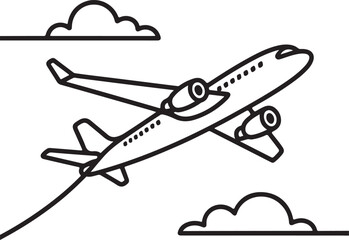 Minimalist single line drawing of a passenger airplane in flight. Simple aviation icon for air travel and tourism concepts