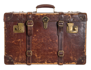 An antique, well-worn leather suitcase exhibits a classic design, complete with brass latches and straps.