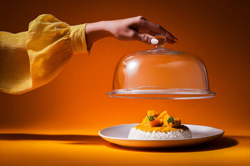 Bras tenant une cloche au dessus d'une assiette de riz et légumes