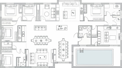 Vector art of modern house floor plan with open living spaces, bedrooms, and swimming pool
