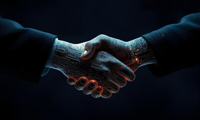 Futuristic handshake with glowing circuitry and fire