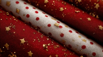 Closeup of red and white fabric rolls with red polka dots and gold stars