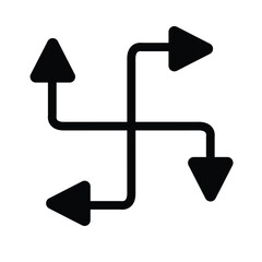 Four-way directional flow arrow icon illustrating complex reorganization, strategic routing, path divergence, or multiple option selection in a system.