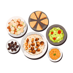 Delicious Variety of Dishes Plates Stacked with Tempting Treats