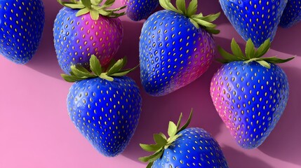 Vibrant blue strawberries with green leaves arranged artistically on a soft pink background, showcasing a unique and imaginative take on a classic fruit, perfect for creative culinary designs