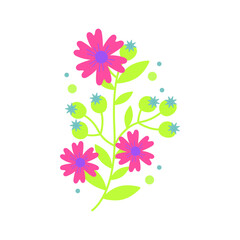 Simple floral illustration featuring vibrant pink flowers and green leaves on a white background
