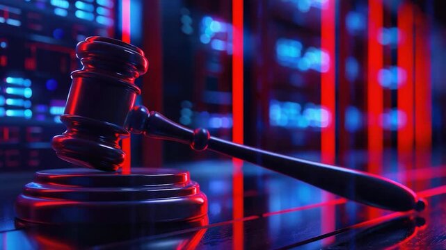 A judge's gavel resting on a table, often used in legal or courtroom settings