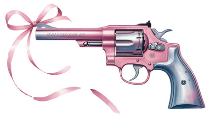 Edgy yet elegant pink revolver adorned with a delicate satin bow, a striking symbol of power and feminine mystique for bold statements.
