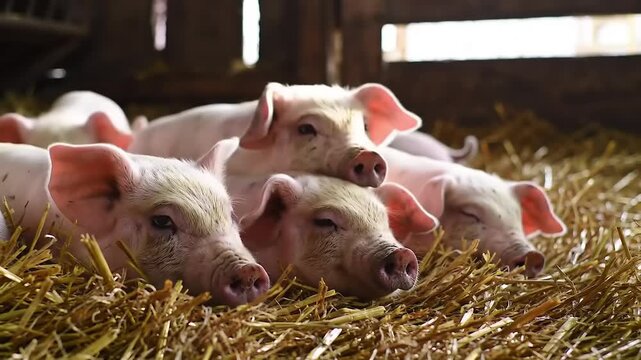 Close up view of four pigs relaxing in straw
