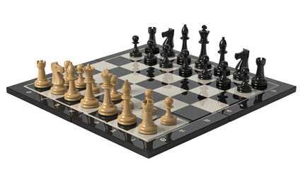 Strategic chess game in progress with polished black and ivory pieces poised for decisive moves on a reflective board