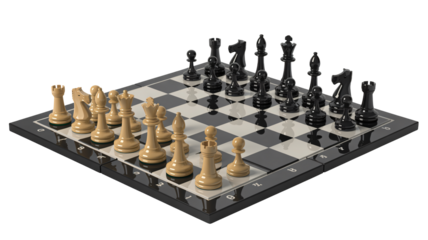 Strategic chess game in progress with polished black and ivory pieces poised for decisive moves on a reflective board