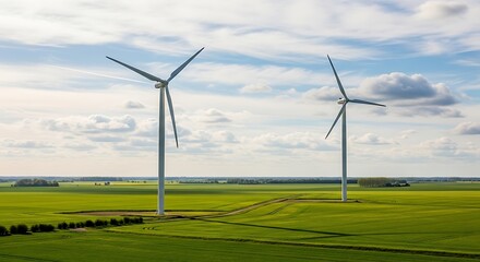 Wind Turbines Generating Renewable Energy in a Green Field.