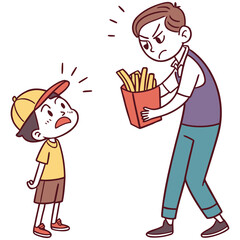 Father Offers French Fries to Disgruntled Child on a white background