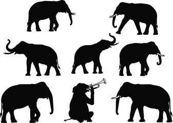 Elephant silhouettes with musician playing trumpet, wildlife harmony concept, black animal shapes, vector illustration for nature and music themes