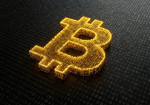 Golden Bitcoin symbol on a binary code background, representing cryptocurrency.