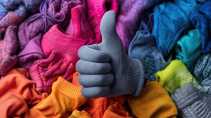 A gray glove with a thumbs-up gesture rests on a vibrant pile of colorful clothing items. The fabrics include various shades of pink, orange, blue, and green.