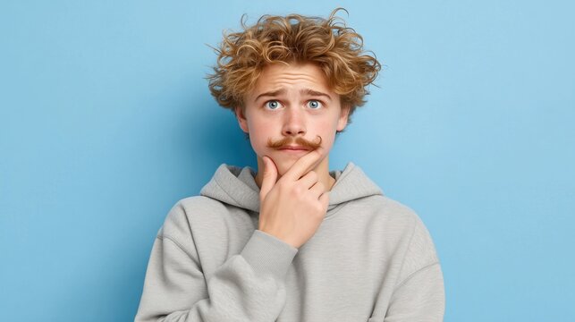 Young Caucasian man with curly blond hair and a mustache, wearing a gray hoodie, looks thoughtful against a blue background.