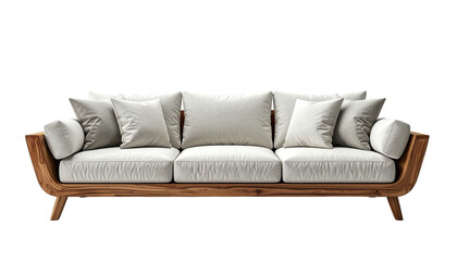 A contemporary three-seater sofa features a wooden frame and light-colored fabric, showcasing a clean and modern design.