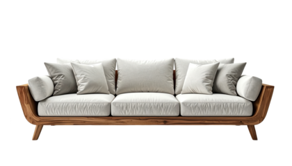 A contemporary three-seater sofa features a wooden frame and light-colored fabric, showcasing a clean and modern design.