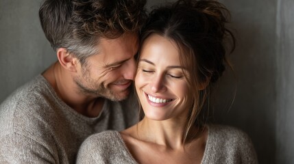 Obraz premium A happy couple embraces, sharing a joyful moment. The man has short, wavy brown hair and a light beard. The woman has long, dark hair and a bright smile.