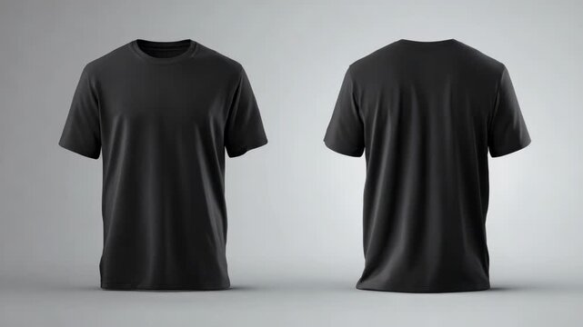 Black plain short sleeve t-shirt shown from front and back on neutral gray background, showcasing blank apparel mockup for clothing design