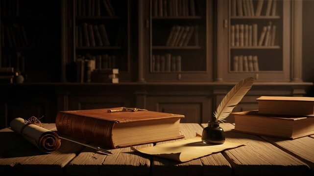 Antique desk with quill, inkwell, scroll, and books in a dimly lit library setting at nighttime