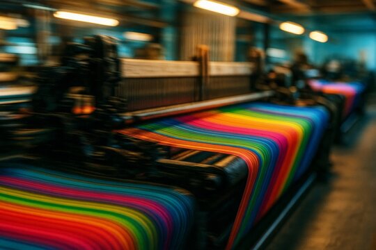 Multicolored threads passing through a traditional industrial loom in a textile factory, captured in motion blur with warm lighting
