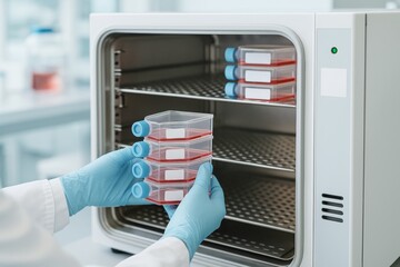 Gloved hands placing stacked cell culture flasks with red medium into a lab incubator, clinical laboratory setting, concept of biotechnology research