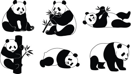 Panda silhouette vector set with pandas eating bamboo climbing sleeping sitting walking and lying down, black and white bear illustration © Musa's Word