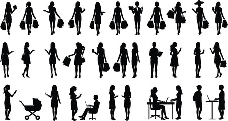 Silhouette vector illustration of women shopping, walking, working, using laptop, business communication, modern lifestyle, fashionable female activities collection design.