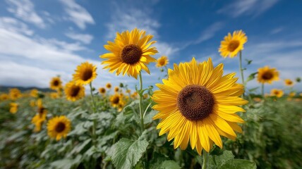 Fototapeta premium field of sunflowers shot from ground level, giant blooms towering overhead against a deep blue sky