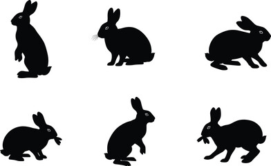 Rabbit silhouette vector set with various poses, black bunny shapes, crouching and sitting animals, wildlife clipart for design projects