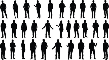 Vector illustration of business people silhouettes standing, walking, talking, presenting, teamwork concept, professional men and women office poses design.