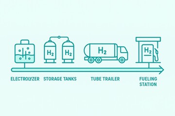 Fototapeta premium Diagram showing hydrogen production and distribution process with clean line art on light background, representing clean energy infrastructure