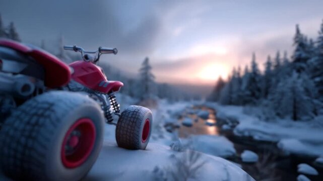 Red atv in snowy landscape