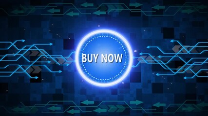 Glowing Blue Circle With Buy Now Text And Abstract Network Arrows On Dark Blue Background purchase sale - Powered by Adobe