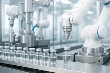 Robotic arm fills transparent vials with liquid in a sterile pharmaceutical lab, showing automation in high-tech medical manufacturing environment