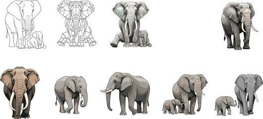 Vector illustration of elephants in different styles including line art, polygon, realistic, family group, African wildlife animal isolated background © Musa's Word