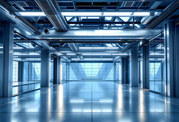 Futuristic industrial interior with polished reflective floors large glass walls and exposed metal ducts illuminated by bright blue lighting creating a sleek high tech atmosphere