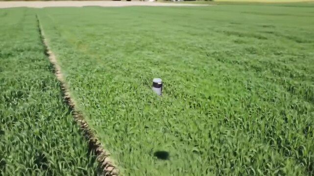 A short cylindrical object stands in the middle of a vast, verdant field, marked by parallel tracks suggesting agricultural machinery.  The bright green plants undulate gently
