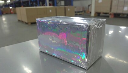 Wrapped Box with Iridescent Wrap on Table in Warehouse