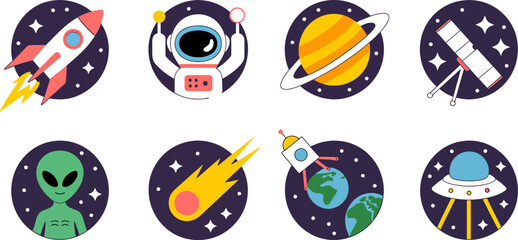 Cosmic Cartoon Icons Set Featuring Rocket Astronaut Planet Telescope Alien Comet and Spaceship 