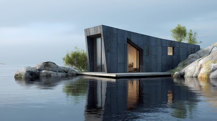 Miniature house nestled by the still water, reflecting tranquility and simplicity in a serene outdoor environment.