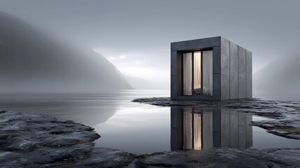 Miniature house nestled by the still water, reflecting tranquility and simplicity in a serene outdoor environment.