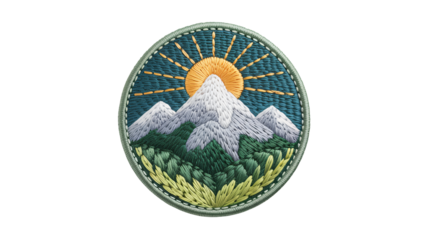 Mountains and sun embroidered patch badge for clothing and accessories, great for outdoor adventure design