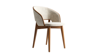 Modern wooden chair features a curved backrest and seat upholstered in off-white fabric with a contrasting wooden frame, showcasing minimalist design against a black background.