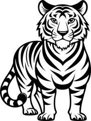 Indochinese Tiger, vector line art icon, black and white, white background