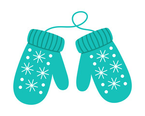 Pair of green winter mittens with snowflake isolated on white background