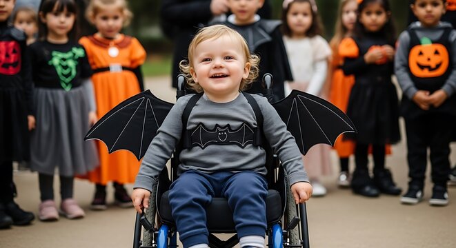 Toddler in wheelchair wearing bat wings, smiling with other kids in halloween costumes