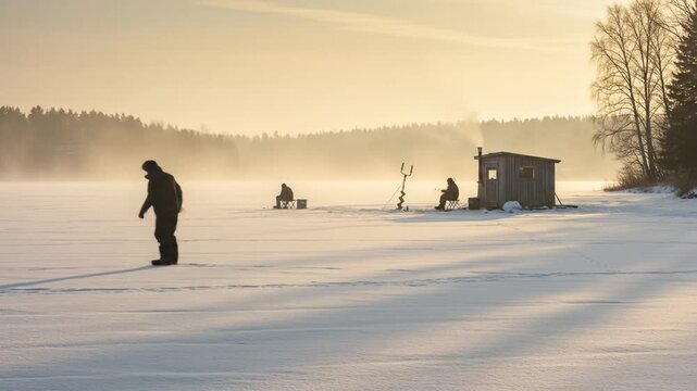 Serene Winter Landscape with Ice Fishing Huts on Frozen Lake at Golden Hour